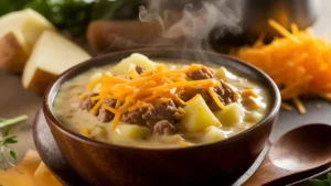 Read more about the article Cheesy Hamburger Potato Soup Recipe – A Creamy & Comforting Meal